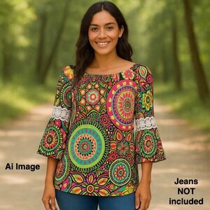 Win Win Pinwheel Sleeve Tunic Sz. S/M Geometric Print Top Boho Artsy Stretch